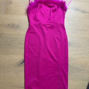 Strapless hot pink Dress with Feather Trim